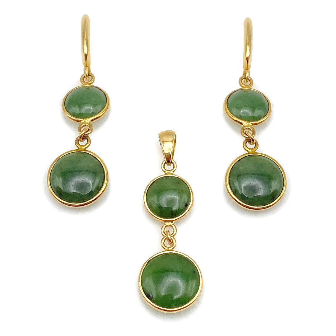 14k Double Circle Drop Hanging Earrings & Pendant Set - Dark Green Jade